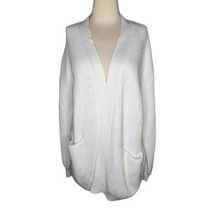 Quince White Organic Cotton Rib Knit Open Cardigan Sweater Pockets Oversized L